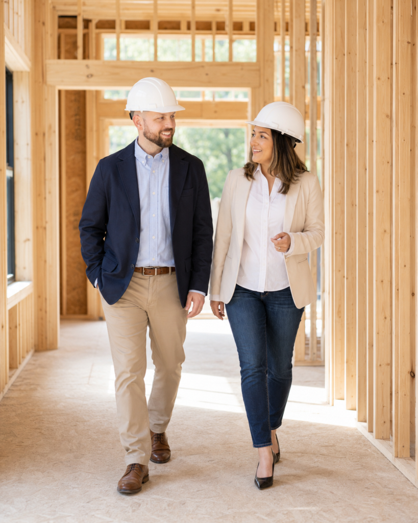 Brian and Sita DosRamos of Ever After Homes walking through a framed custom home construction site in Burlington, Ontario.