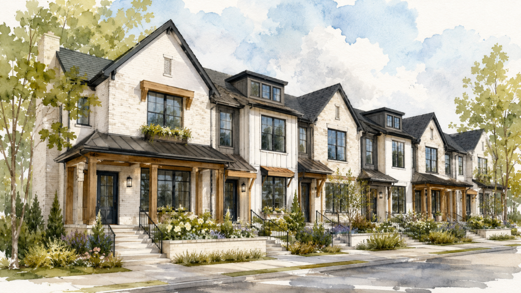 Custom home architectural plans with material samples and a digital rendering used during the design and development planning process in Burlington, Ontario.